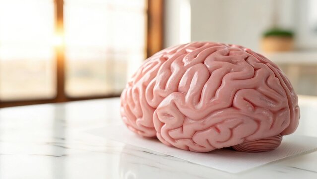 Realistic human brain model on a table with soft window light