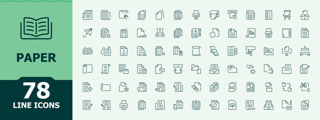 Paper related line icon set. Trendy minimal icons. Pack of book, hardcopy, sheet, contract report, paperwork, note. Editable stroke. Letterhead simple icon set.