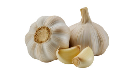 Fresh garlic bulbs with several peeled cloves isolated on a white background