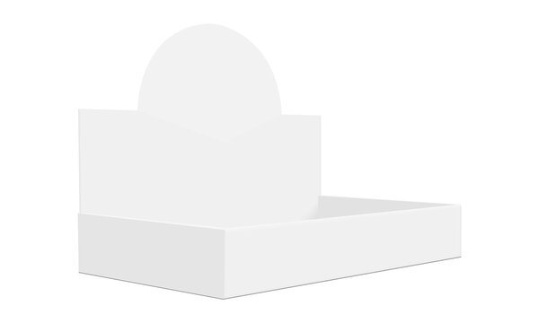 Empty cardboard display box mockup with rounded top, side perspective view. Ideal vector for packaging design, retail branding, product display, advertising, and POS materials