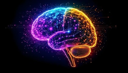 Obraz premium Detailed neon brain anatomy side view with colorful neural pathways and cerebellum on black background concept of neurodiversity and cognitive mapping