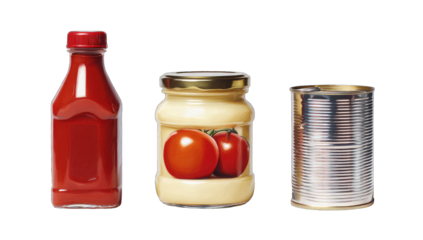 Three food containers ketchup,  tomato sauce, and a can
