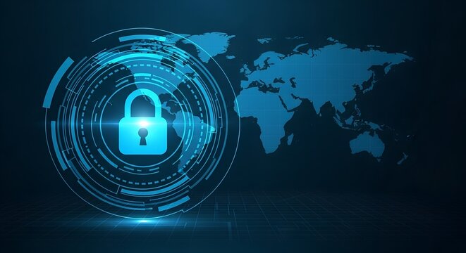 Digital fingerprint security concept with glowing padlock and world map background representing global data protection