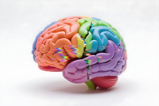 Colorful rainbow segmented brain with digital glitch effect on white background concept of neurodiversity cognitive disruption and mental health awareness