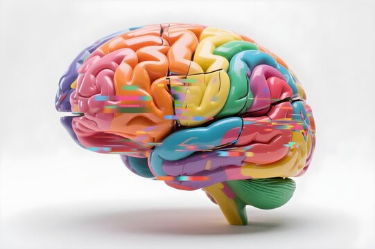 Colorful rainbow segmented brain with digital glitch effect on white background concept of neurodiversity cognitive disruption and mental health awareness