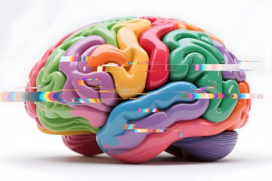 Colorful rainbow segmented brain with digital glitch effect on white background concept of neurodiversity cognitive disruption and mental health awareness