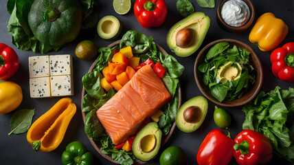 Top view of vibrant keto food with salmon avocado bell peppers and cheese ingredients