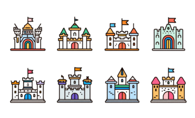 Colorful, cartoonish castle illustrations