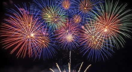 Colorful fireworks display in a night sky. Celebration, New Year, festive event.
