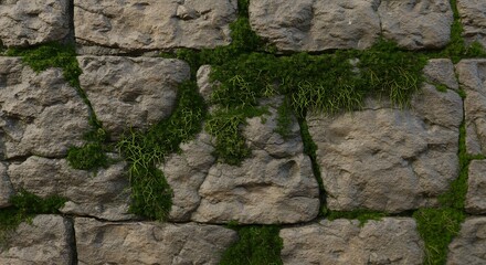 Moss and Green Plants Growing on Rough Stone Wall in Natural Setting