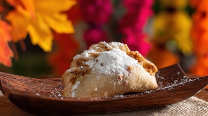 Traditional empanada on a rustic wooden plate, dusted with powdered sugar and autumn leaves behind.