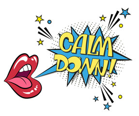Comic lettering calm down. Vector bright cartoon illustration in retro pop art style. Comic text sound effects. EPS 10.	