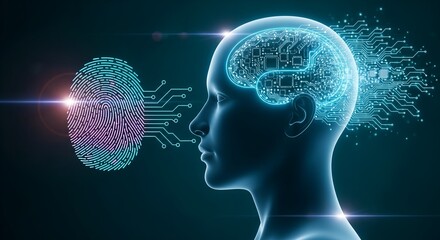 Biometric security concept with glowing digital fingerprint interacting with a futuristic human head and brain