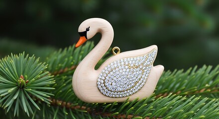 Obraz premium Swan ornament with rhinestones on a pine branch in close up shot today