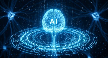Futuristic glowing blue ai brain hologram with intricate digital neural network connections and data streams