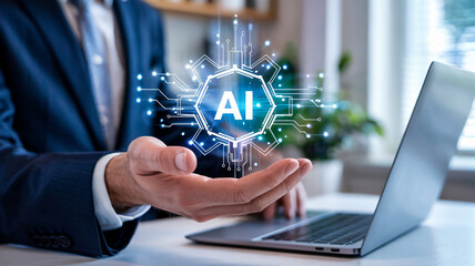 Professional shows AI graphic over hand with laptop ready for innovative business applications and technology solutions