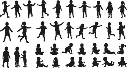 Children silhouette vector, kids walking, toddlers sitting, crawling babies, child playing poses, silhouette bundle, child activity clipart,
