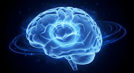 Glowing blue human brain with neural network connections and digital data flow on dark background