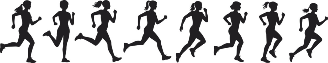 Running stride silhouette sequence, eight dynamic phases, athlete motion study, biomechanics, jogging progression, sports movement, vector illustration, fitness