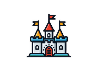 Outlined cartoon castle with colorful flags