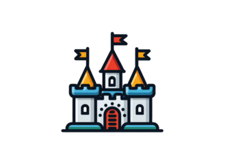 Outlined cartoon castle with colorful flags