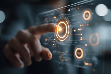 Finger interacting with an illuminated holographic digital interface displaying circular graphs and data