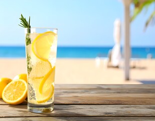 "Refreshing Lemon Rosemary Summer Drink by the Beach – Tropical Vacation Beverage"