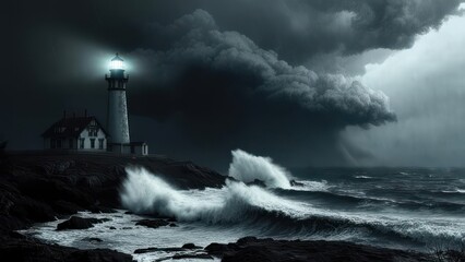 Dramatic stormy seas and lighthouse