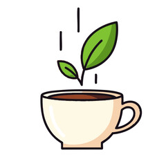 A modern minimalist illustration showcases fresh green leaves gracefully descending into a comforting cup, representing natural wellness and peaceful self-care.