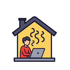This minimalist illustration depicts a person enjoying the benefits of modern aromatherapy and essential oils for home relaxation and self-care while working remotely.