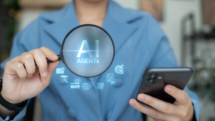 Businesswoman holding magnifying glass and smartphone with AI Agents text and digital business icons, concept of artificial intelligence, automation, and smart business solutions.