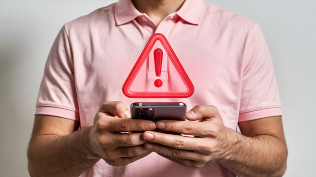 Man receives urgent warning notification on smartphone needing immediate attention and action now