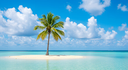 Serene tropical island escape with a solitary palm tree against a vibrant blue sky dotted with fluffy clouds inviting dreams of paradise and tranquil seclusion for ultimate relaxation