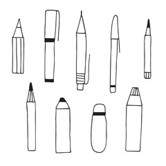 Obraz premium Pens and pencils set of doodles, hand drawing, vector illustration