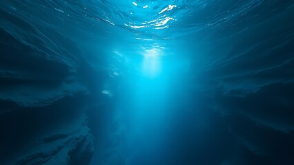 Underwater canyon with cascading blue layers creating a liquid avalanche visible through sonar-like ripples.