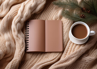 Tazza di cate con notebook su calda coperta di lana