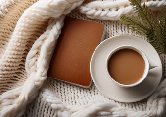 Tazza di cate con notebook su calda coperta di lana