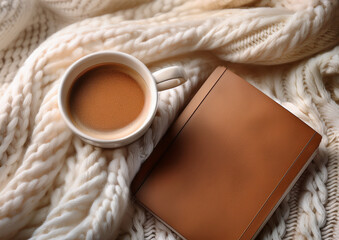 Tazza di cate con notebook su calda coperta di lana