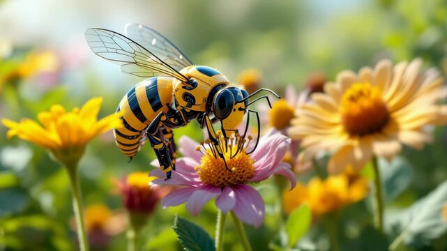 Robot bee hovers in colorful space filled with blooming plant life, creating lively environment and hinting at bright future for nature
