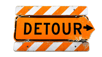 Weathered orange detour sign with white diagonal stripes and arrow