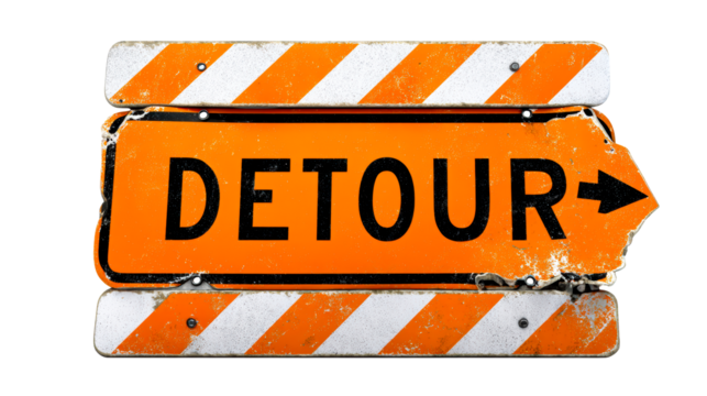 Weathered orange detour sign with white diagonal stripes and arrow