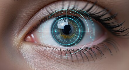 Close up of an eye with a digital interface overlay showing circles and connecting lines design element