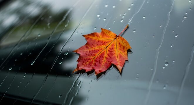 A maple leaf on a car windshield covered in raindrops on a rainy autumn day in the fall season - Powered by Adobe