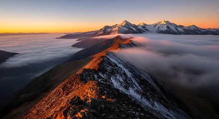 Aerial view of mountain range with snow capped peaks and clouds at sunrise or sunset scenery view