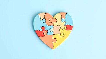 Heart-shaped puzzle on a light blue background, symbolizing autism awareness with soft overhead light.