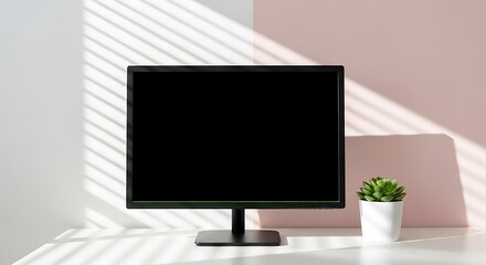 Fototapeta premium A computer monitor with a black screen and a small plant on a white desk