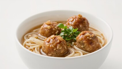 Bowl of noodle soup with meatballs and fresh garnish