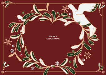 クリスマスの背景素材。ヤドリギ、白い鳩のクリスマスのフレーム素材。バナー、クリスマスカード