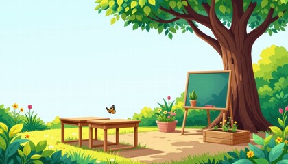 Obraz premium Vibrant outdoor classroom scene with large tree, blackboard, wooden table, potted plants, butterfly, lush greenery, sunny sky, educational setting for children