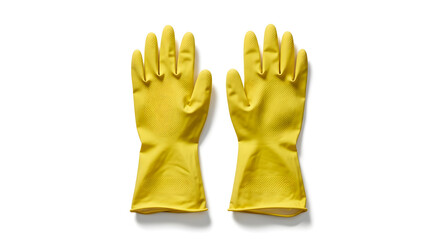 Obraz premium Pair of yellow rubber cleaning gloves placed side by side on a plain white background.